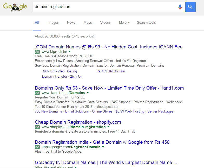 search result of domain registration