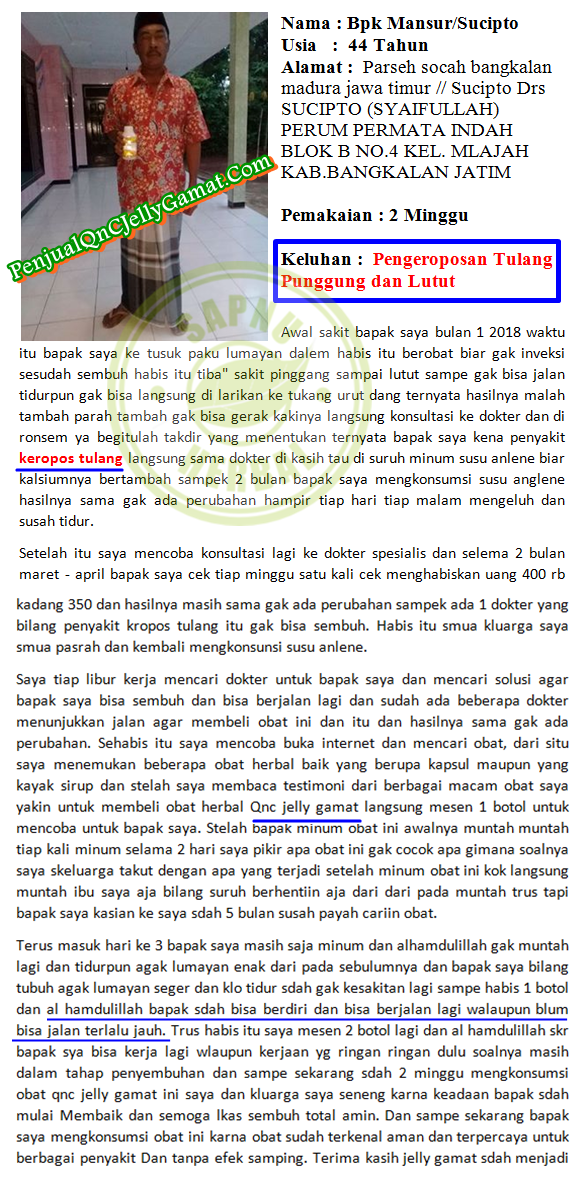 Cara Mengobati Pengapuran Tulang Secara Alami Terbukti Mujarab - TESTIMONI QNC JELLY GAMAT Cara Mengobati Pengapuran Tulang Secara Alami Terbukti Mujarab - TESTIMONI QNC JELLY GAMAT