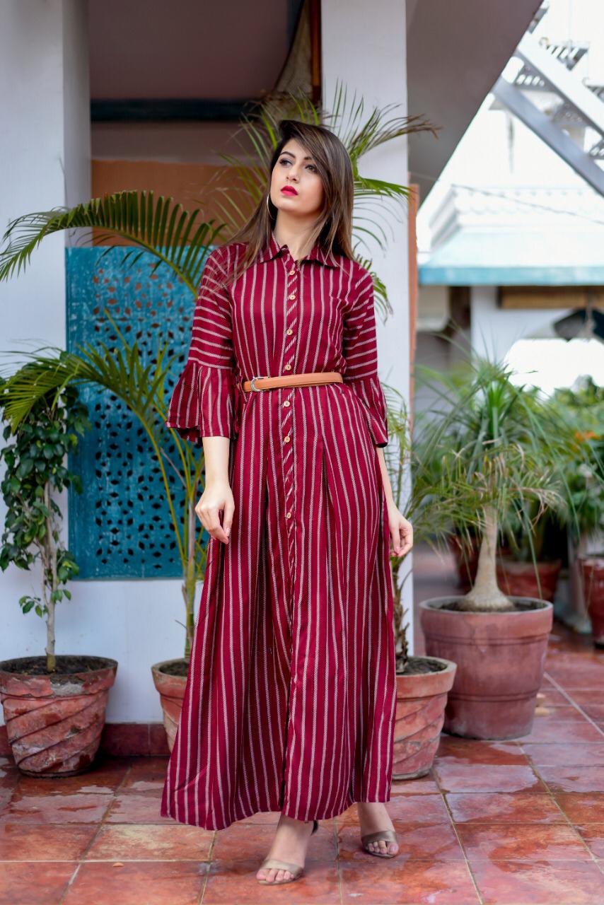 Magenta Embroidered Flared Long Kurti with Belt | WISHFUL-104 | Cilory.com