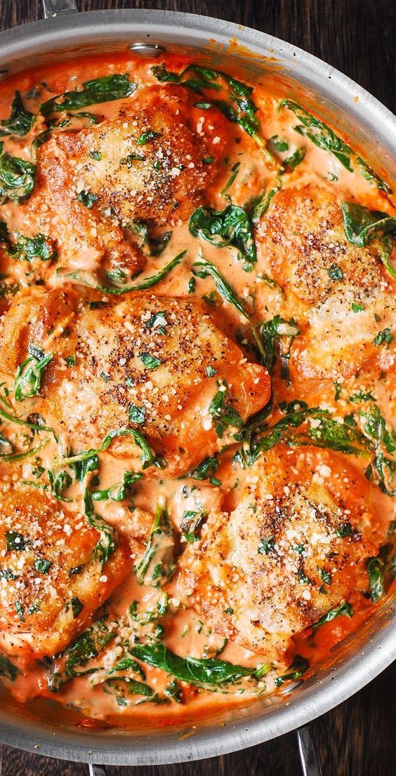 Chicken Thighs with Creamy Tomato Basil Spinach Sauce Simply