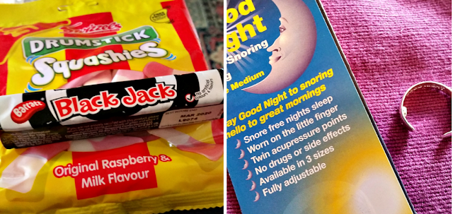 Drumstick sweets, black jacks and an anti snoring ring.