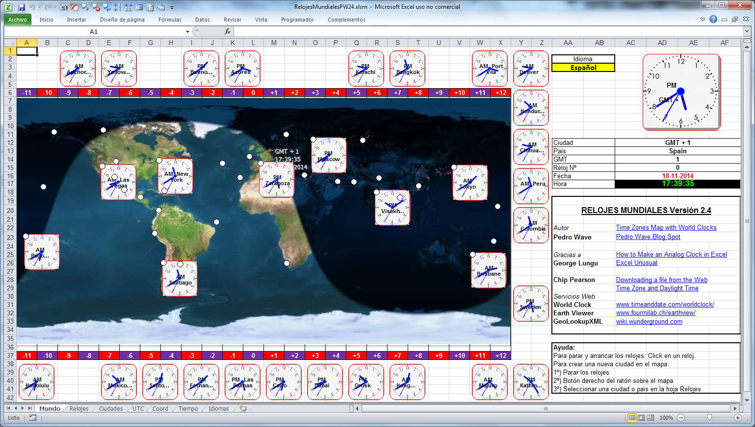 Time Zones Map with World Clocks ExcelPedroWave