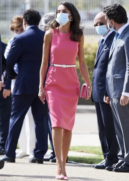 Queen Letizia wore a stretch wool dress form Michael Kors, and pink suede pumps from Magrit, carried Magrit clutch. First Lady Melania Trump