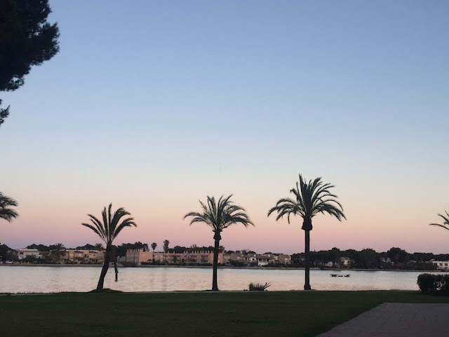 Bellevue Club Hotel in Alcudia view of the sunset over the lake behind palm trees
