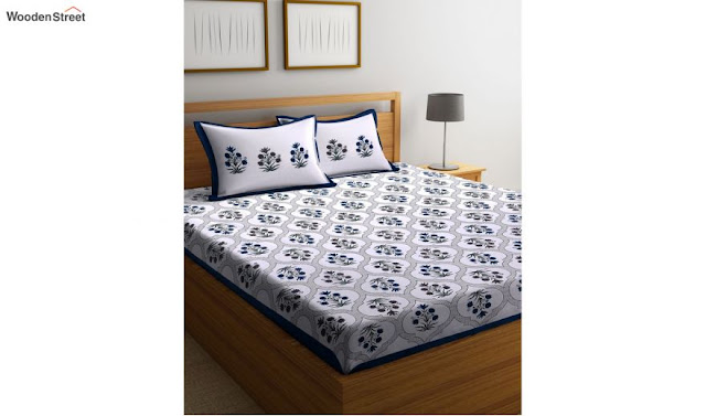 Block Print White Floral King Size Bed Sheet With Pillow Covers