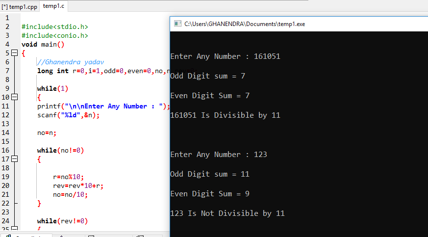 C Program To Check Number Is Divisible By 11 Or Not Using (VEDIC MATH)