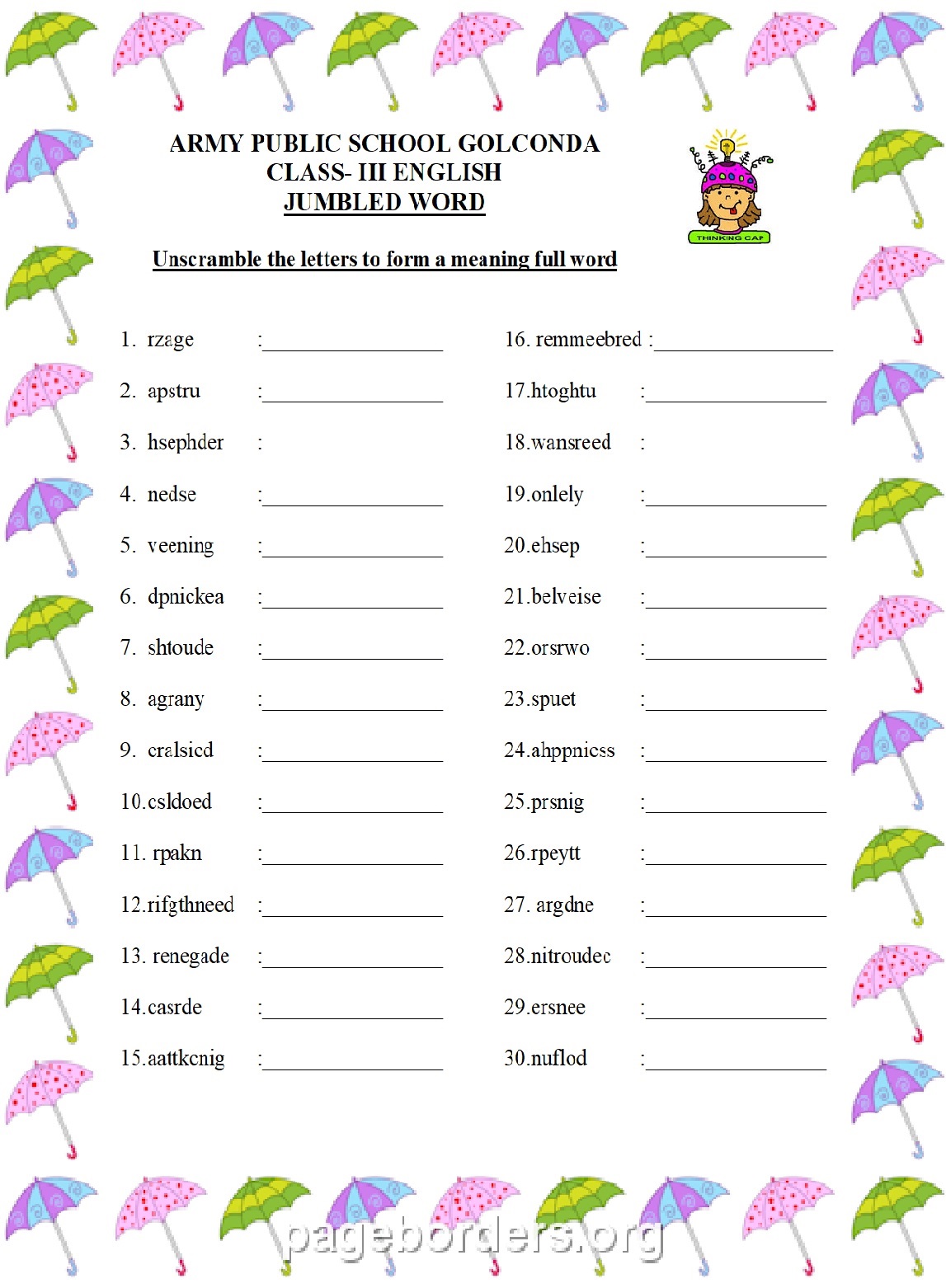 worksheet in english for class 3