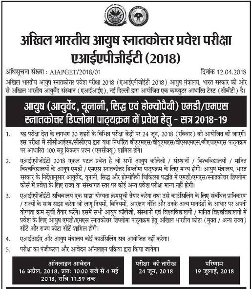 Ayurveda Jobs AIAPGET 2018