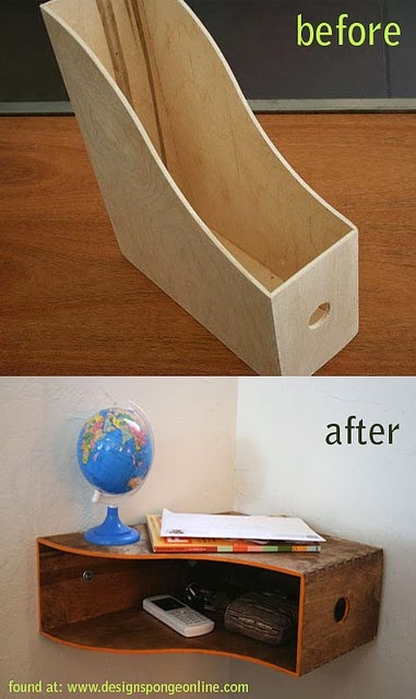 wooden magazine holder turned into a shelf.