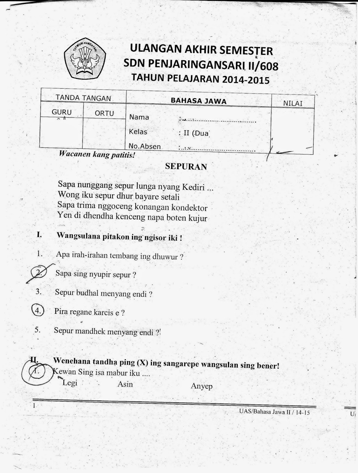 Soal Ukk Bahasa Jawa Kelas 1 Sd Semester Genap