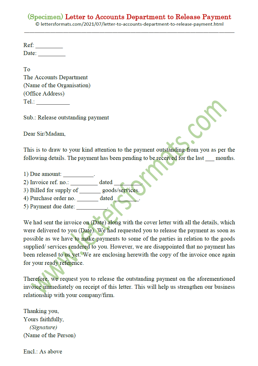 Letter to Accounts Department to Release Outstanding Payment