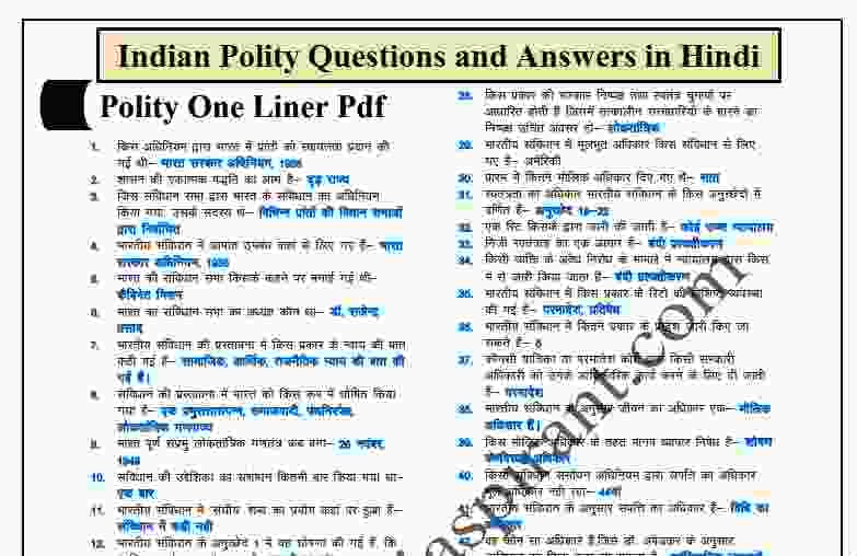 Indian Polity Questions and answers in Hindi PDF Download