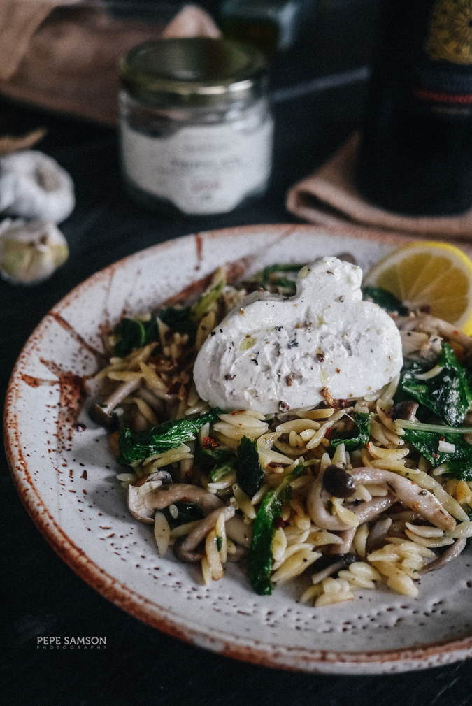 Recipe Truffled Orzo with Mushrooms, Kale, and Burrata Pepe Samson