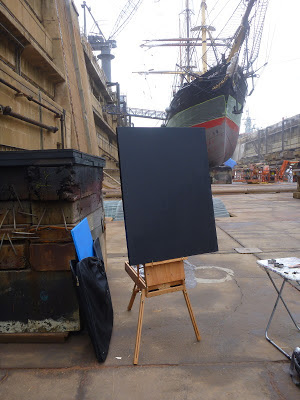 Plein air oil painting of tall ship James Craig in Garden Island Drydock painted by industrial heritage artist Jane Bennett