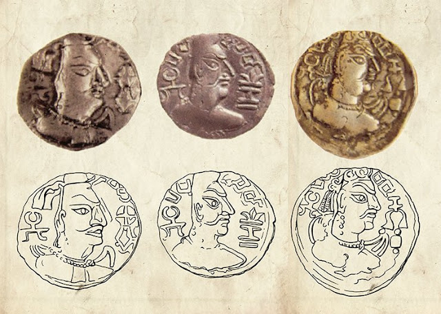 Монеты эфталитов (гуннов-алхонов правителя Мехама, 461–493 гг. н.э.) и их прорисовки. Рис. Е. Шумаковой