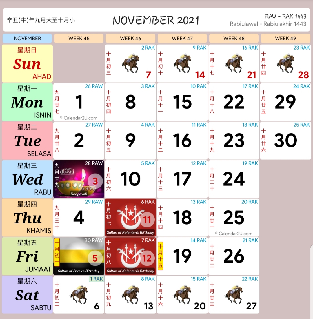 Kalender kuda Malaysia bagi bulan 11 (november) tahun 2021