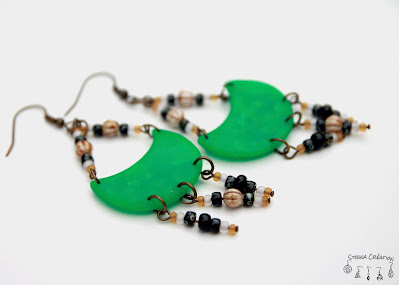 Boucles oreilles pâte polymère transparence verte assemblage Stenna Création Fimo