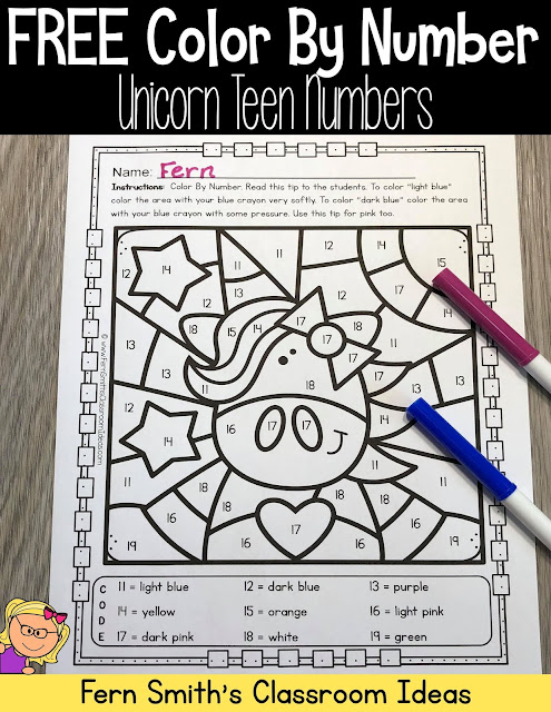 If you are looking for a PRINTABLE Distance Learning worksheet to include in your take home packets, during this difficult time, you and your Kinders will love this Unicorn Teen Numbers Color By Number. By Fern Smith's Classroom Ideas.