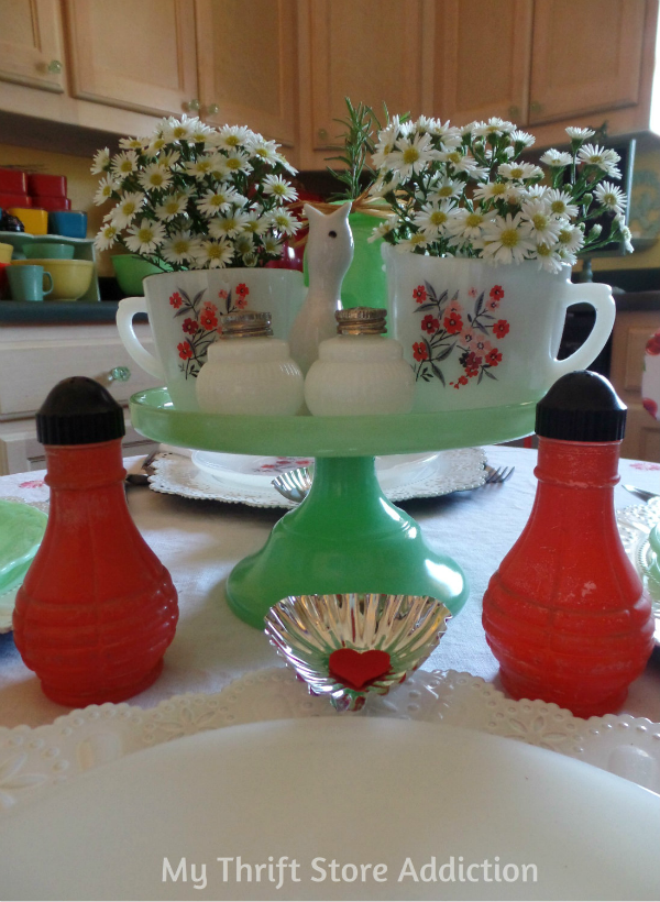 Valentine Tablescape mythriftstoreaddiction.blogspot.com Vintage Jadeite, Fire King Primrose and Hazel Atlas