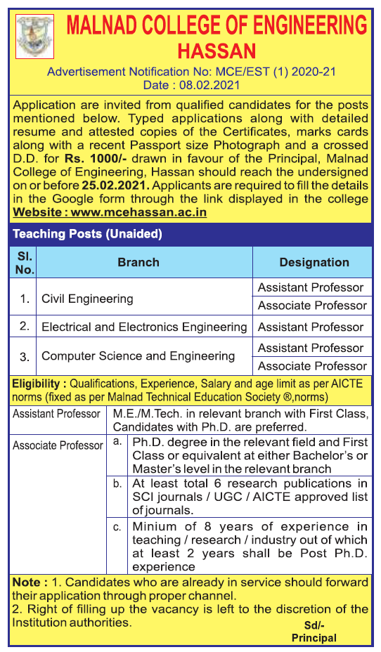 Malnad College of Engineering, Hassan, Karnataka Wanted Teaching
