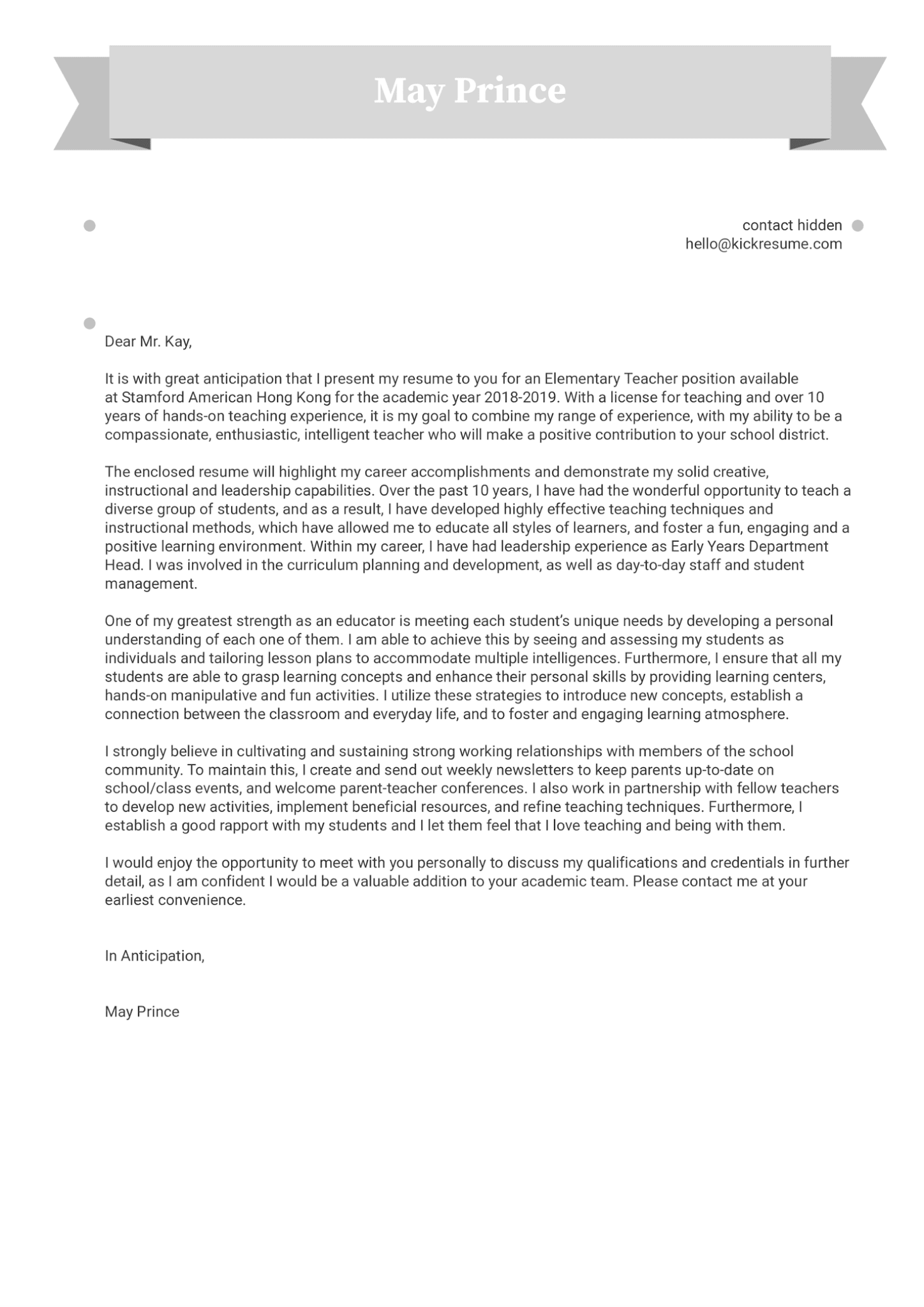 Teaching Cover Letter Examples - Teacher Cover Letter Example Kickresume