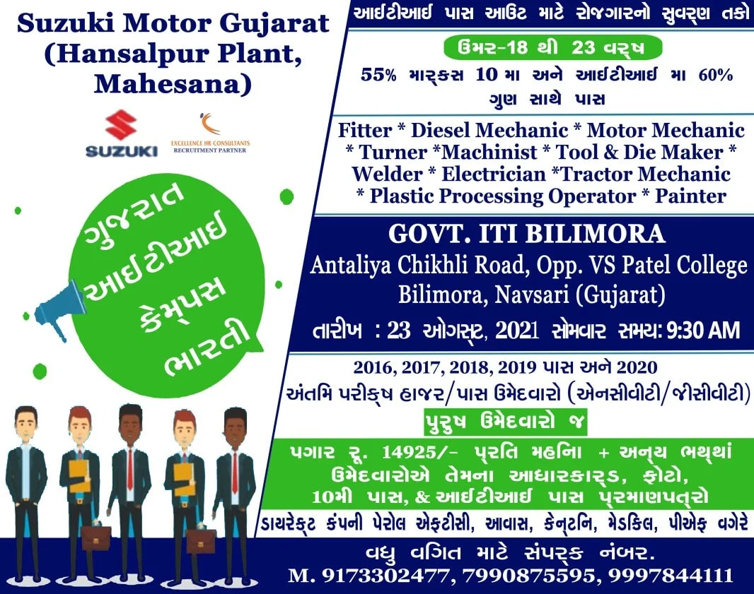Suzuki Motor Gujarat ITI Jobs Campus Placement Drive At Govt ITI Bilimora, Navsari, Gujarat On 23rd August’2021
