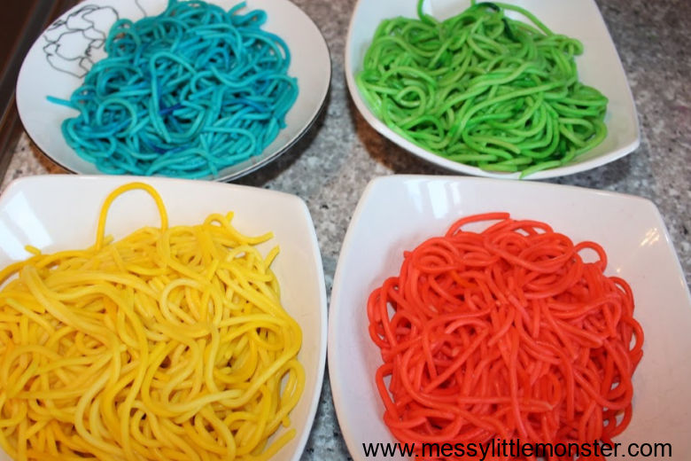  How to dye coloured spaghetti for sensory play