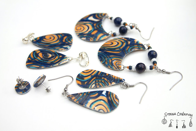 Boucles d'oreilles pâte polymère Canne Spirale bleu orange Fimo Stenna Création