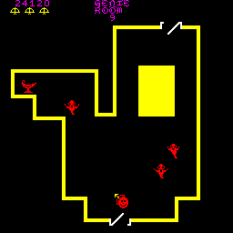 Section of gameplay from the arcade version of Venture, showing Winky failing to evade erratically moving ghosts.