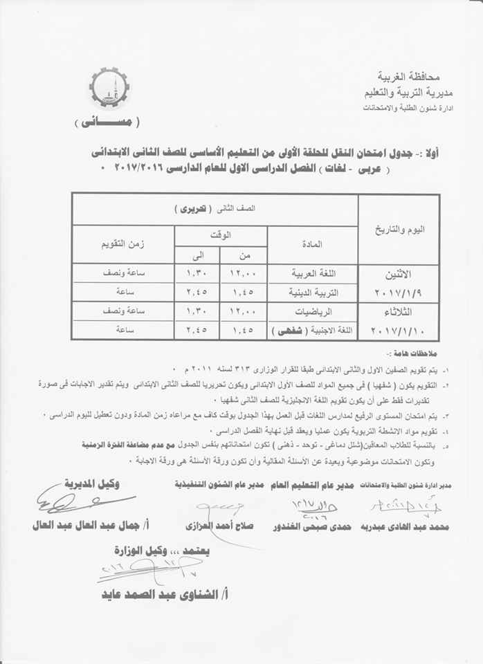 لكل محافظات مصر - جداول امتحانات نصف العام 2017  2