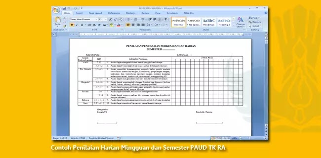 Contoh Penilaian Harian Mingguan dan Semester PAUD TK RA