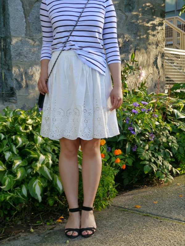 Black and white Breton striped top and white eyelet skirt for summer