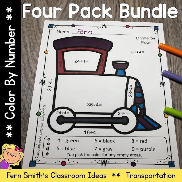 Click Here to Downlead This Color By Number Addition, Subtraction, Multiplication, and Division Transportation Printables Resource Bundle for Your Classroom Today!