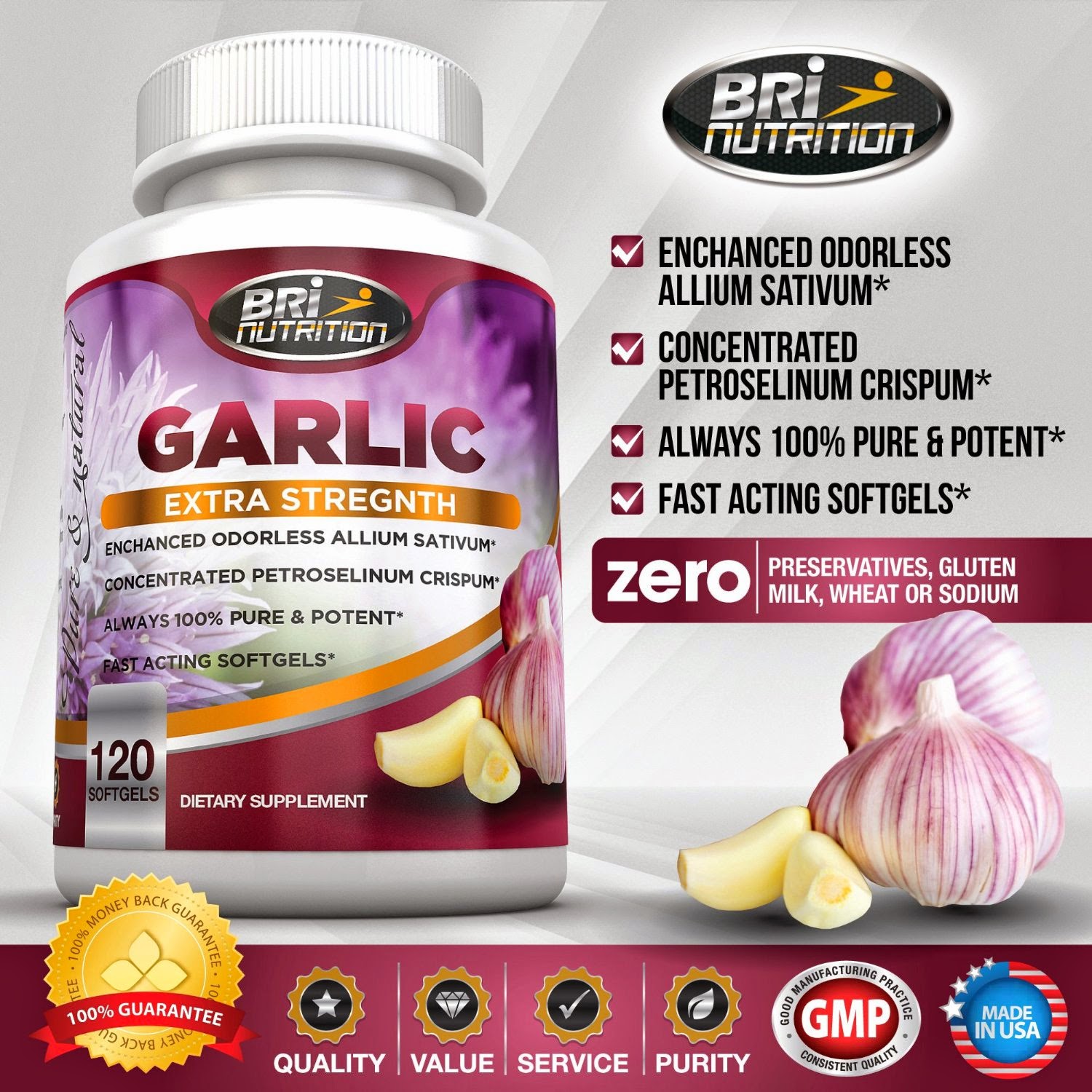BRI Nutrition Top Rated Garlic 1000mg Pure And Potent Garlic Allium