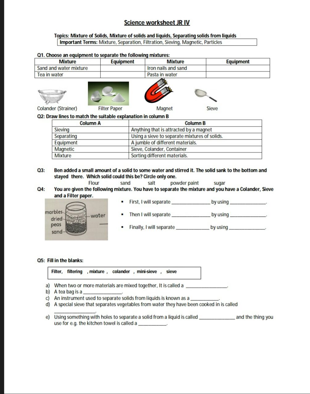 The City School: Science Reinforcement Worksheet Grade 4