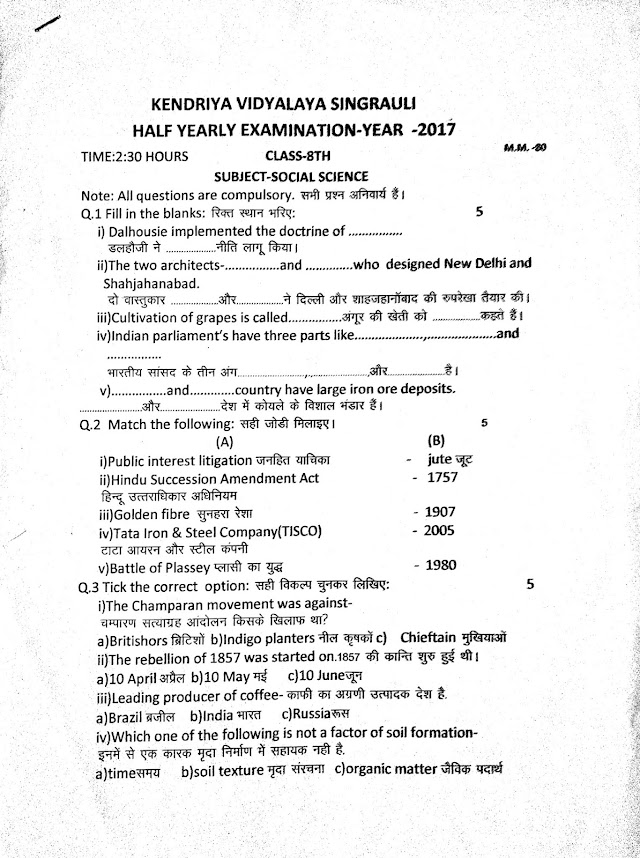 Class 8 Half yearly sample paper 2017
