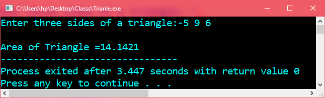 Program in C++ to calculate the area of triangle Using Class