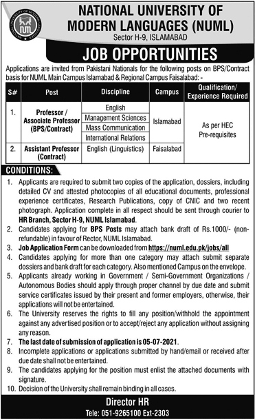 Latest Jobs in National University of Modern Languages NUML 2021 -Online Apply