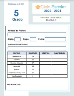 Examen Trimestral Bloque 1 Quinto grado 2020-2021