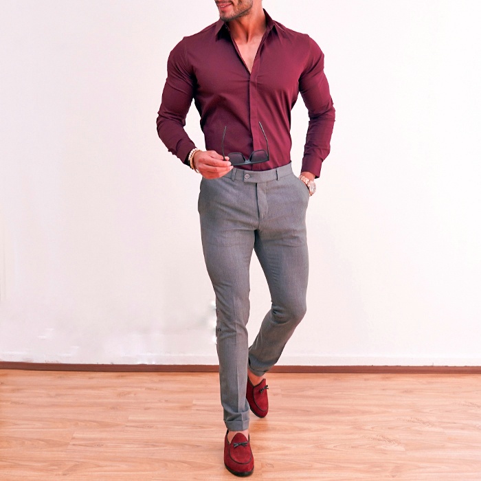 Maroon color oitfit combinations ideas. Men in maroon shirt and dark grey pant