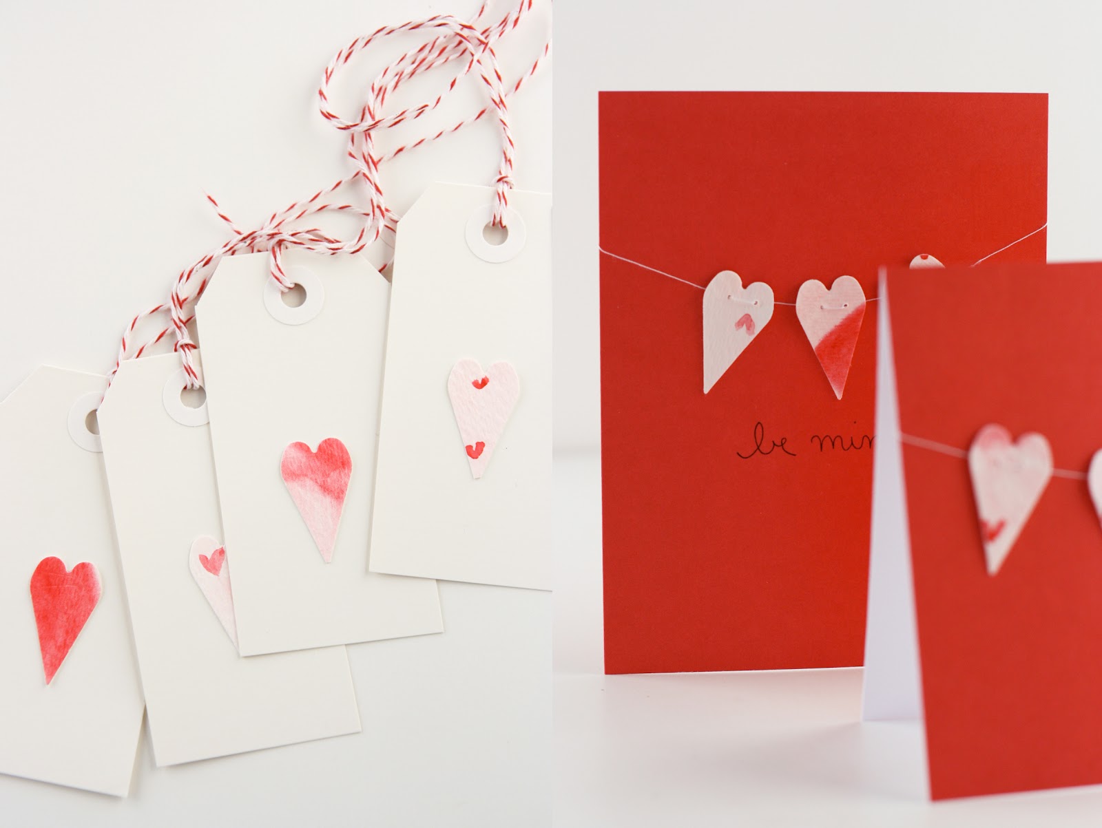 ...watercolor valentine heart gift tags + handsewn garlands...