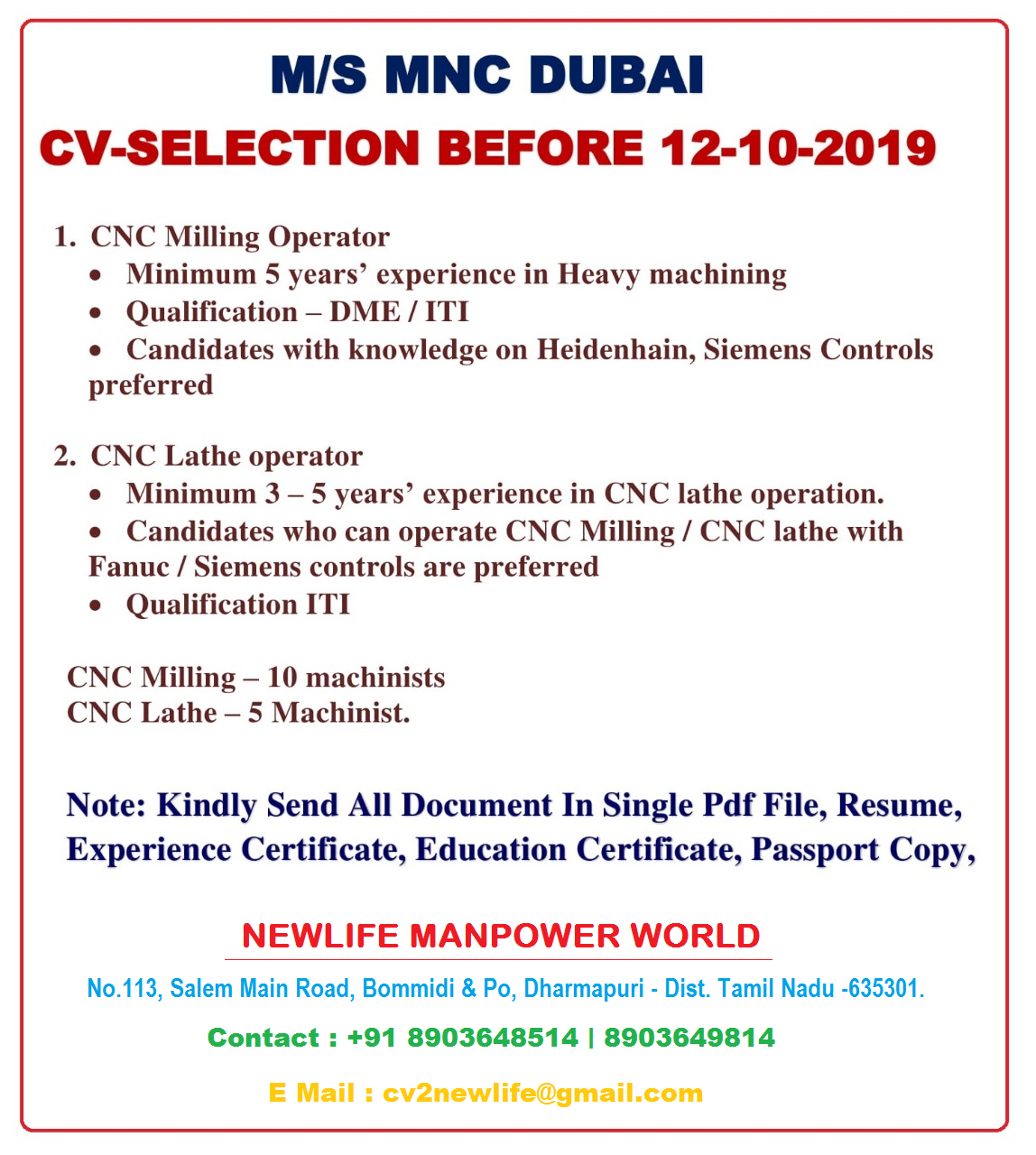 Newlife Manpower World Overseas Job Consultancy MNC DUBAI CV