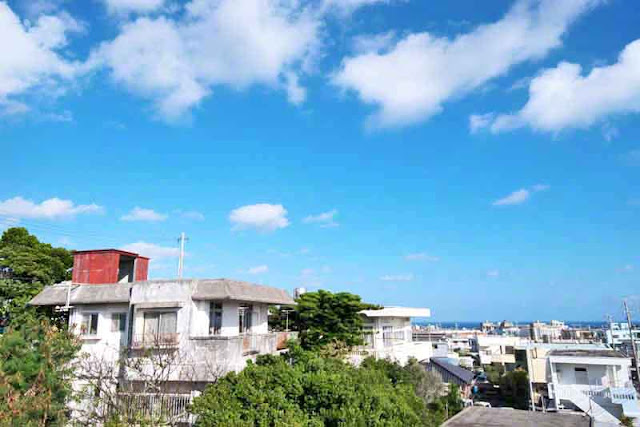 Looking east in Kin Town at buildings and sky