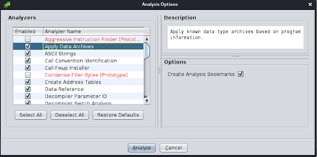 Analysis options on Ghidra