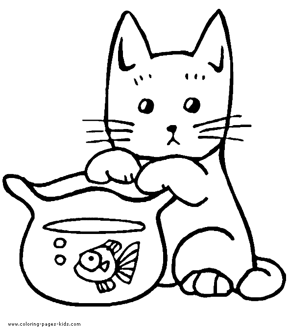 Beautiful Cat With Fish Coloring Page for Kids of a Cute Cartoon Colour