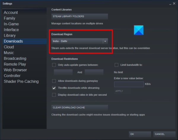 cambiar región de descarga en Steam