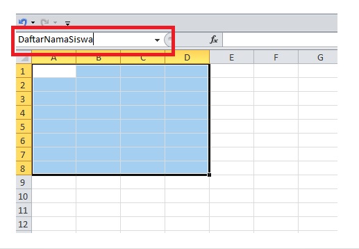 memberi nama range melalui name box