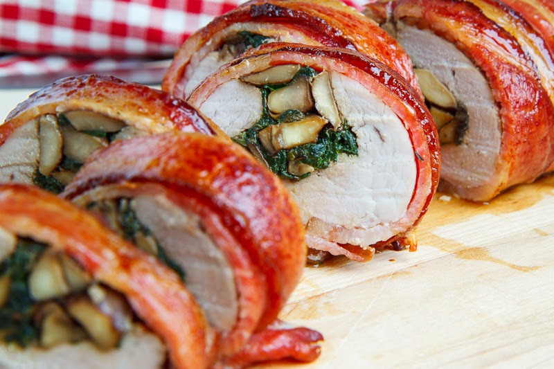 Bacon Wrapped, Mushroom and Spinach Stuffed Pork Tenderloin in a Creamy ...