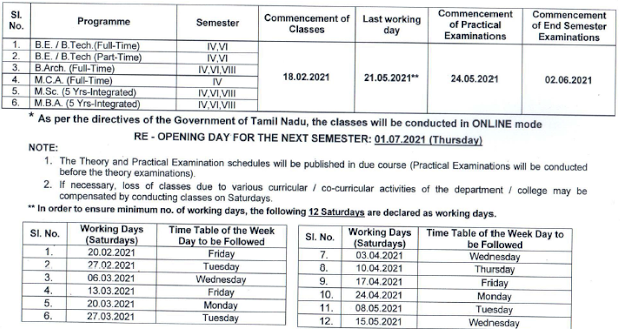 Anna University Academic Schedule April May 2021