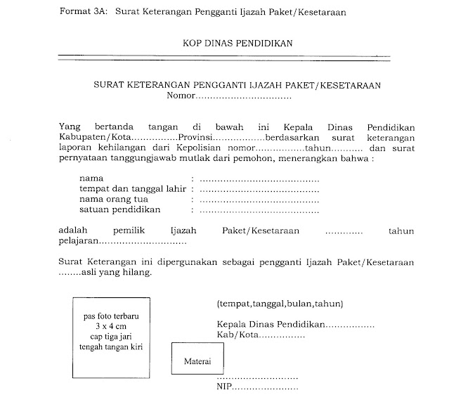 Format Surat Keterangan Pengganti Ijazah/STTB Berdasarkan Permendikbud Nomor 29 Tahun 2014
